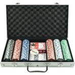 Set de Poker Complex cu 300 de jetoane Embo, Include 2 seturi de carti, 5 zaruri, Echipat cu servieta de aluminiu cu dimensiunile 39x7x27 cm