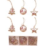 Set 6 Decoratiuni de Craciun din Lemn, Embo, cu Snur pentru Agatare in Brad, Model Brad, Glob si Steluta, Rosu