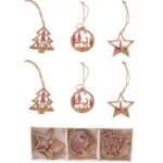 Set 6 Decoratiuni de Craciun din Lemn, Embo, cu Snur pentru Agatare in Brad, Model Brad, Glob si Steluta, Rosu