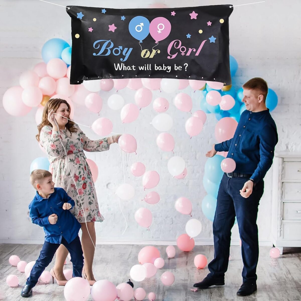Set Gender Reveal, Embo, Balloon Drop Bag, din Plastic si Latex, 24 Baloane Roz si Albastru 13 cm, Sac pentru Baloane 60 x 120 cm, Multicolor - imagine 2