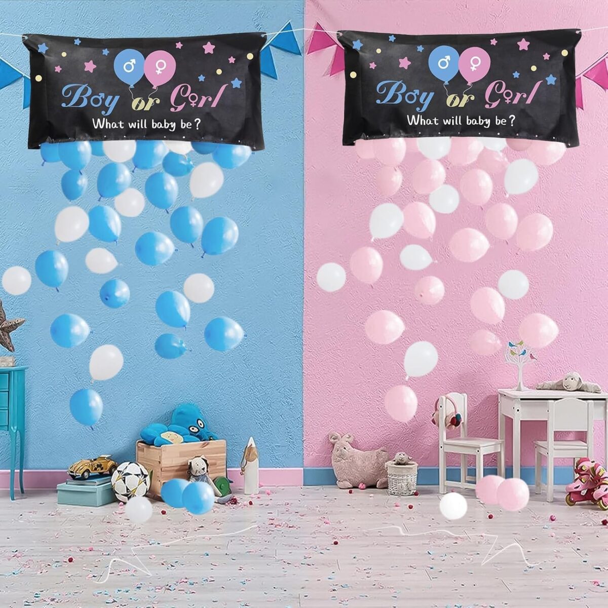 Set Gender Reveal, Embo, Balloon Drop Bag, din Plastic si Latex, 24 Baloane Roz si Albastru 13 cm, Sac pentru Baloane 60 x 120 cm, Multicolor - imagine 3