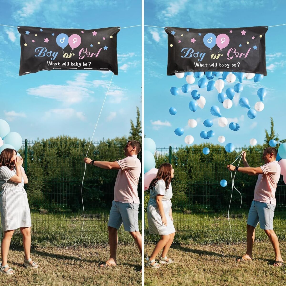 Set Gender Reveal, Embo, Balloon Drop Bag, din Plastic si Latex, 24 Baloane Roz si Albastru 13 cm, Sac pentru Baloane 60 x 120 cm, Multicolor - imagine 4