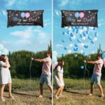 Set Gender Reveal, Embo, Balloon Drop Bag, din Plastic si Latex, 24 Baloane Roz si Albastru 13 cm, Sac pentru Baloane 60 x 120 cm, Multicolor - imagine 4