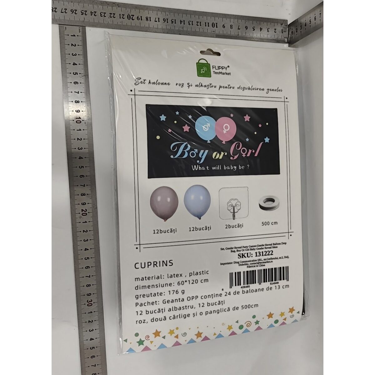 Set Gender Reveal, Embo, Balloon Drop Bag, din Plastic si Latex, 24 Baloane Roz si Albastru 13 cm, Sac pentru Baloane 60 x 120 cm, Multicolor - imagine 6