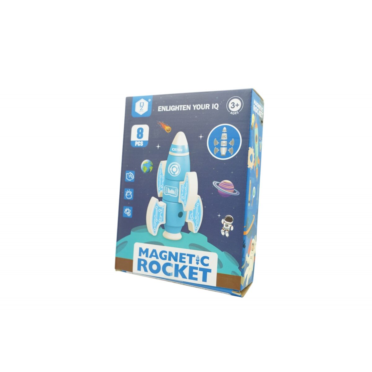 Set inteligent de blocuri magnetice pentru copii, 8 piese, cutie depozitare, racheta, albastru - imagine 6