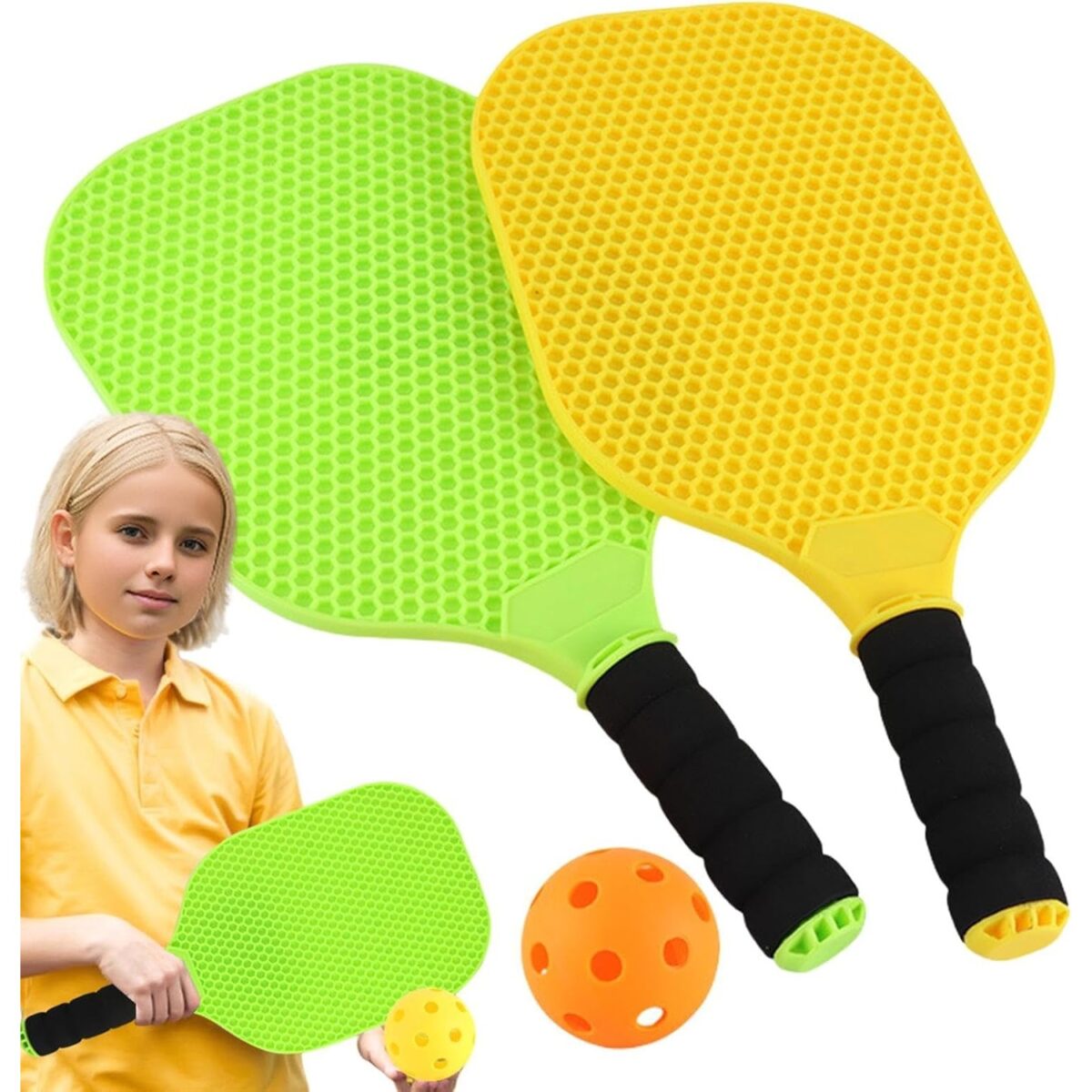 Set Joc de Ping-Pong, Embo, 2 Palete, 1 Minge, + 6 Ani, 37.5 x 18 x 3 cm, Galben/Verde - imagine 4
