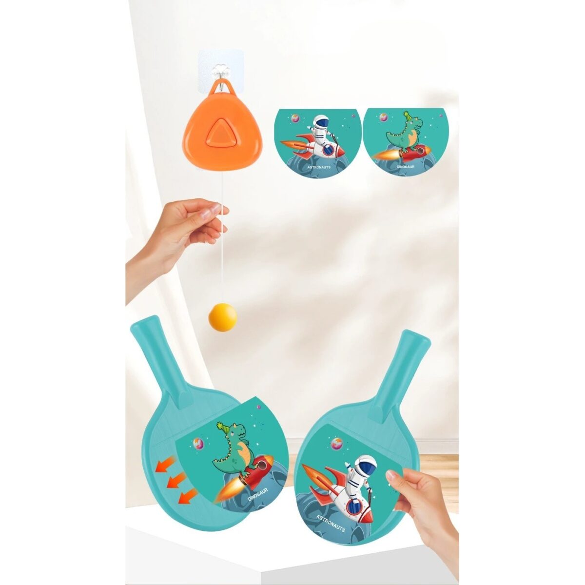 Set Palete pentru Tenis de Masa, Embo, pentru Copii, Accesoriu de Agatat Inclus, 2 Mingi, Design Animat, Albastru - imagine 3