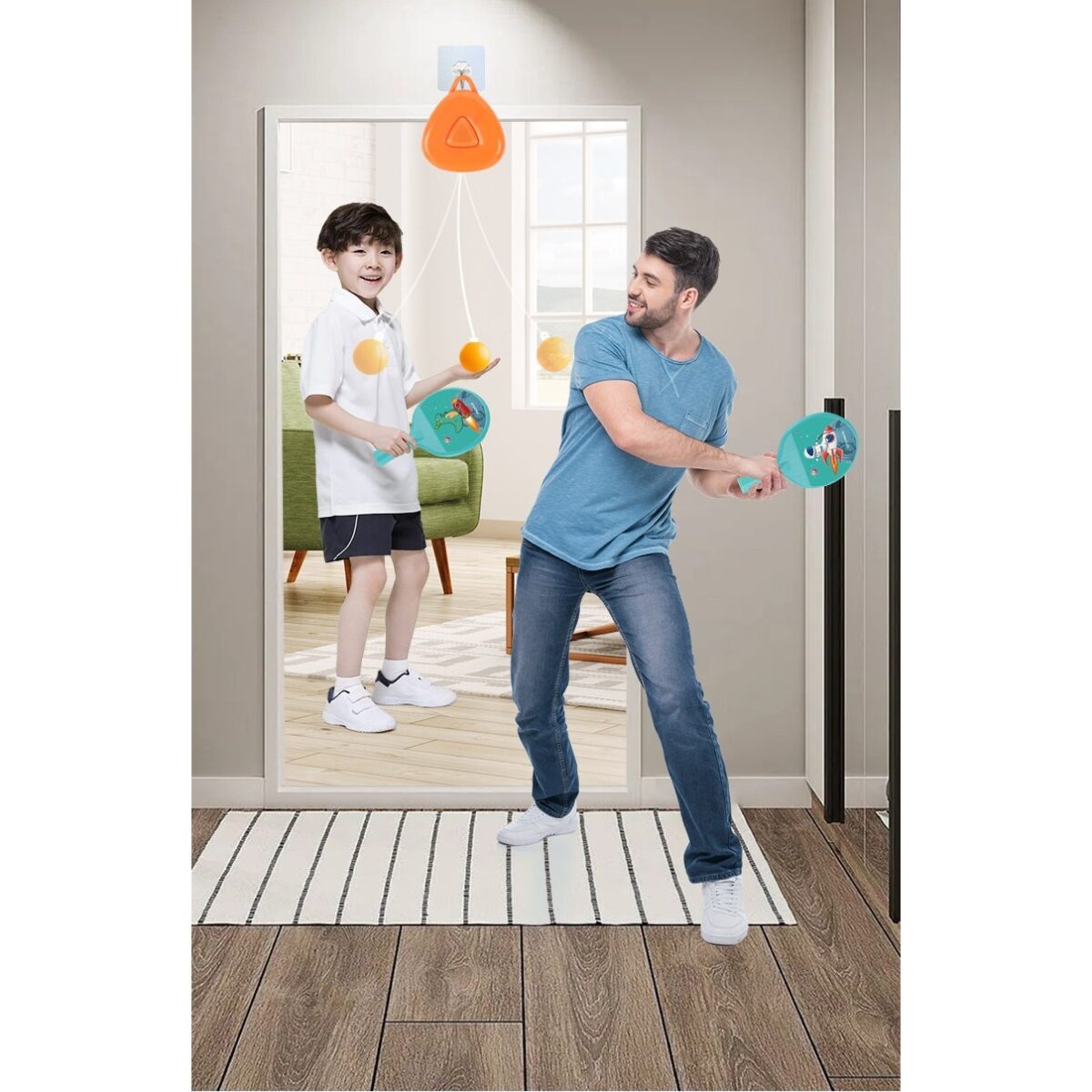 Set Palete pentru Tenis de Masa, Embo, pentru Copii, Accesoriu de Agatat Inclus, 2 Mingi, Design Animat, Albastru - imagine 4
