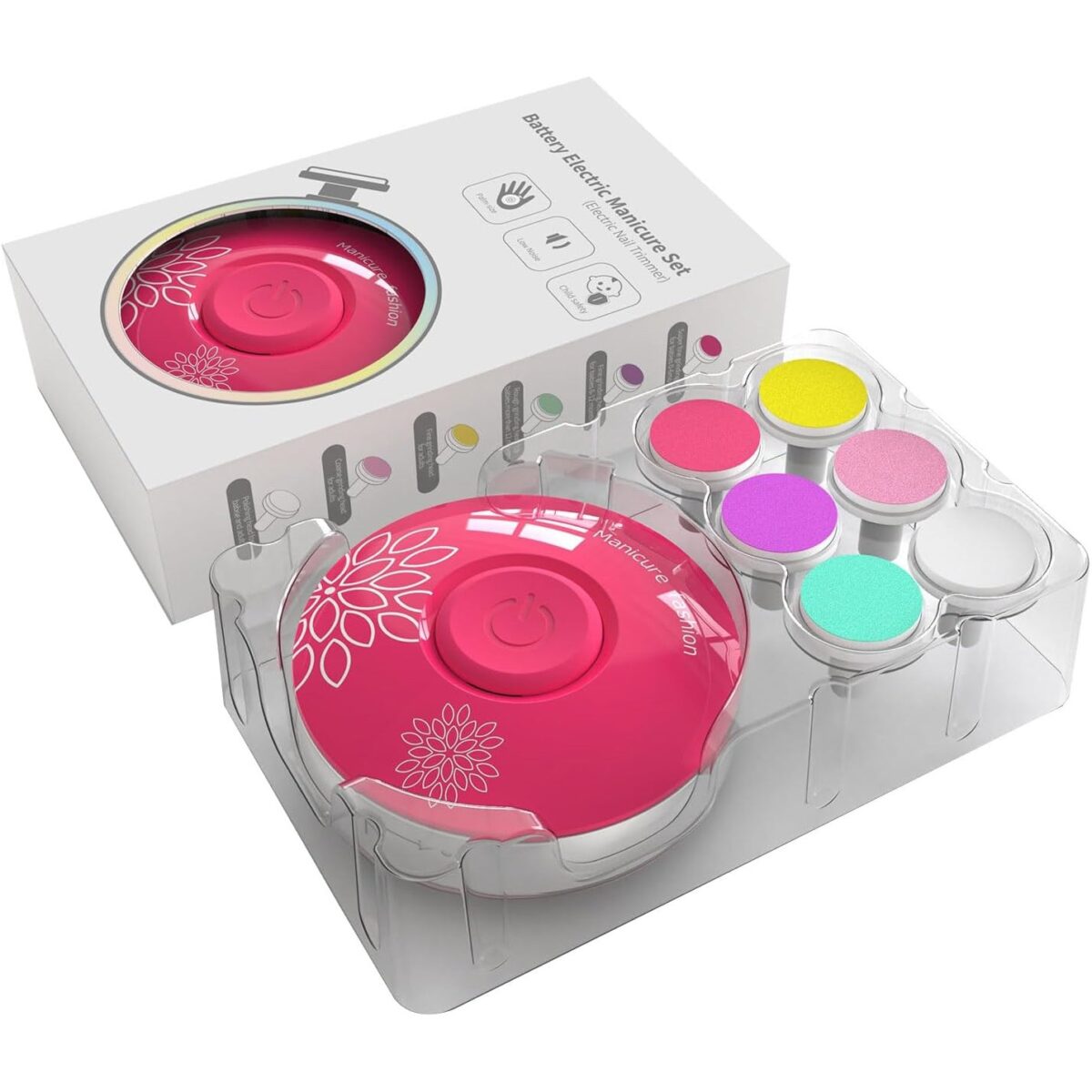 Set Pila Electrica pentru Copii si Bebelusi, Embo, ABS, Incarcare USB, Model cu Flori, 6 Accesorii, cu Lumina LED, Fucsia - imagine 2