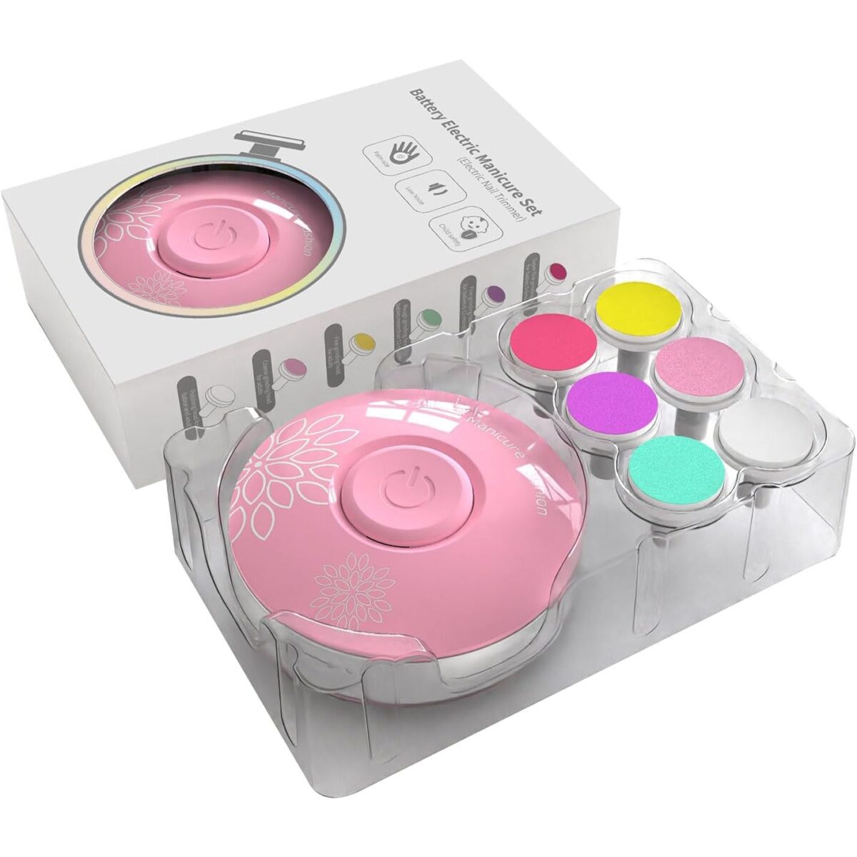 Set Pila Electrica cu Baterie, Embo, pentru Copii si Bebelusi, din ABS, 6 Accesorii, Model cu Flori, 6.5 x 1.8 cm, Roz - imagine 2
