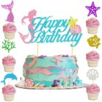 Set Toppere pentru Tort si Prajituri, Embo, Tematica Sirena, Model Mare Scris Happy Birthday 16.5x8.2 cm, 6 Toppere Mici Model Marin 5x5 cm, Multicolor