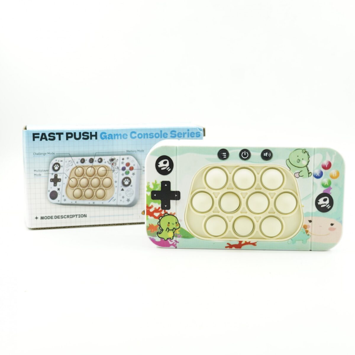Jucarie interactiva tip consola pentru copii Embo, speed push whack-a-mole, joc de viteza pop it, material ABS/silicon, cu nivele, sunete si lumini, 15.5 x 7.6 x 5.3 cm, model dinozaur, verde - imagine 4