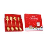 Set 4 Lingurite, Embo, Tema Craciun, din Otel Inoxidabil, 4 Modele Festive, Cutie Cadou, 14 x 14 x 2.5 cm, Auriu