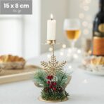 Suport Decorativ pentru Lumanare de Craciun, Embo, Ornament pentru Lumanare, Model Fulg de Nea Auriu cu Crengute de Brad, din Art Metal, pentru Masa, fara Lumanare, 15 x 8 cm, Auriu - imagine 2