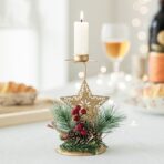 Suport Decorativ pentru Lumanare de Craciun, Embo, Ornament pentru Lumanare, Model Stea Aurie cu Crengute de Brad, din Art Metal, pentru Masa, fara Lumanare 15 x 8 cm, Auriu