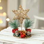 Suport Decorativ pentru Lumanare de Craciun, Embo, Ornament pentru Lumanare pe Masa, Model Fulg de Nea si Crengute de Brad, din Art Metal, fara Lumanare 13 x 8.3 cm, Auriu