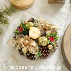 Suport pentru Lumanare de Craciun, Embo, Model Cupa cu 2 Globutele Aurii si 2 Flori cu Conuri, Sfesnic de Tip Ghirlanda, Decoratiune pe Masa de Craciun, 17.5 x 17.5 x 7 cm, Auriu - imagine 3