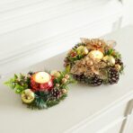 Suport pentru Lumanare de Craciun, Embo, Model Cupa cu 2 Globutele Aurii si 2 Flori cu Conuri, Sfesnic de Tip Ghirlanda, Decoratiune pe Masa de Craciun, 17.5 x 17.5 x 7 cm, Auriu - imagine 4