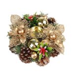 Suport pentru Lumanare de Craciun, Embo, Model Cupa cu 2 Globutele Aurii si 2 Flori cu Conuri, Sfesnic de Tip Ghirlanda, Decoratiune pe Masa de Craciun, 17.5 x 17.5 x 7 cm, Auriu