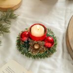 Suport pentru Lumanare de Craciun, Embo, Model Cupa cu 2 Globutele Rosii, Sfesnic de Tip Ghirlanda, Decoratiune pe Masa de Craciun, 12 x 12 x 6 cm, Rosu - imagine 3