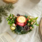 Suport pentru Lumanare de Craciun, Embo, Model Glob pentru Brad 2 Conuri, Sfesnic de Tip Ghirlanda, Decoratiune pe Masa de Craciun, 12 x 12 x 6 cm, Rosu - imagine 3