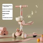 Trotineta Multifunctionala 3 in 1, Embo, pentru Copii, 1-7 Ani, cu Lumini si Muzica, Reglabil 360, Pliere Usoara, Reglarea Inaltimii, Model Dinozaur, Alb/Roz - imagine 3