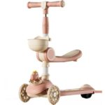 Trotineta Multifunctionala 3 in 1, Embo, pentru Copii, 1-7 Ani, cu Lumini si Muzica, Reglabil 360, Pliere Usoara, Reglarea Inaltimii, Model Dinozaur, Alb/Roz