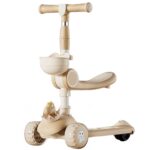 Trotineta Multifunctionala 3 in 1, Embo, pentru Copii, 1-7 Ani, cu Lumini si Muzica, Reglabil 360, Pliere Usoara, Reglarea Inaltimii, Model Dinozaur, 67-76 x 24 x 55 cm, Alb/Bej