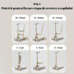 Trotineta Multifunctionala 6 in 1, Embo, Pentru Copii De La 10 Luni Pana La 12 Ani, Cu Maner De Impingere, Reglabil 360, Pliere Usoara, Reglarea Inaltimii, Model Dinozaur, Alb/Bej - imagine 2
