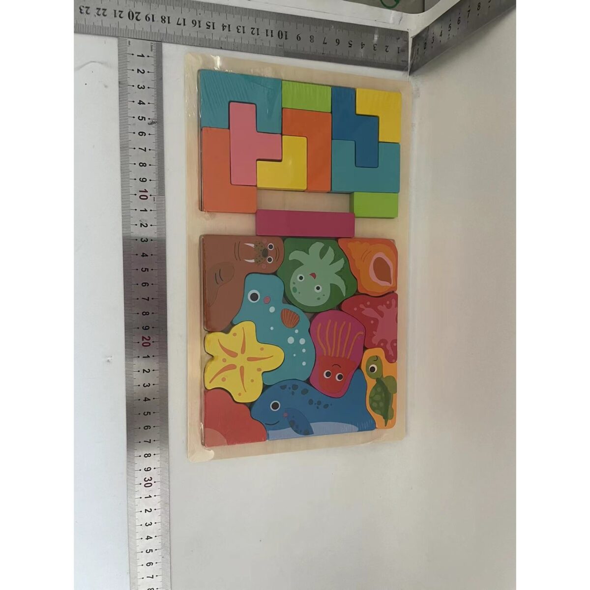 Puzzle Montessori din Lemn pentru Copii, Embo, Tip Tetris 2in1 +3 Ani, cu Animale Marine Colorate 3D, Educativ, Intuitiv, Creativ, 21 de Piese, 28.5x17x1.2 cm, Multicolor - imagine 2