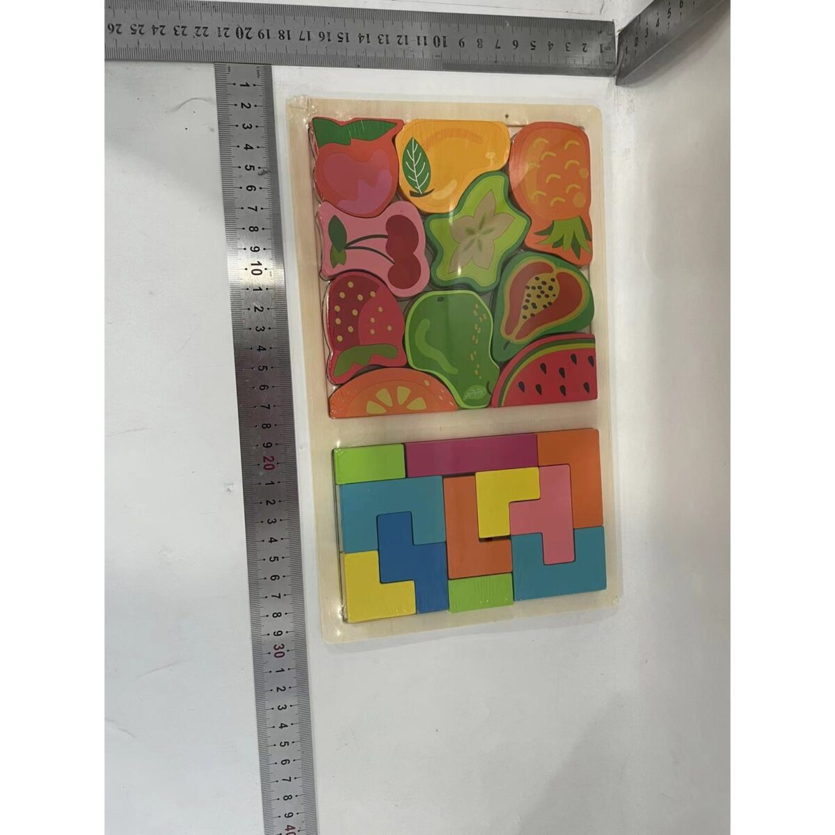 Puzzle Montessori din Lemn pentru Copii, Embo, Tip Tetris 2in1 +3 Ani, cu Fructe Colorate 3D, Educativ, Intuitiv, Creativ, 21 de Piese, 28.5x17x1.2 cm, Multicolor - imagine 2