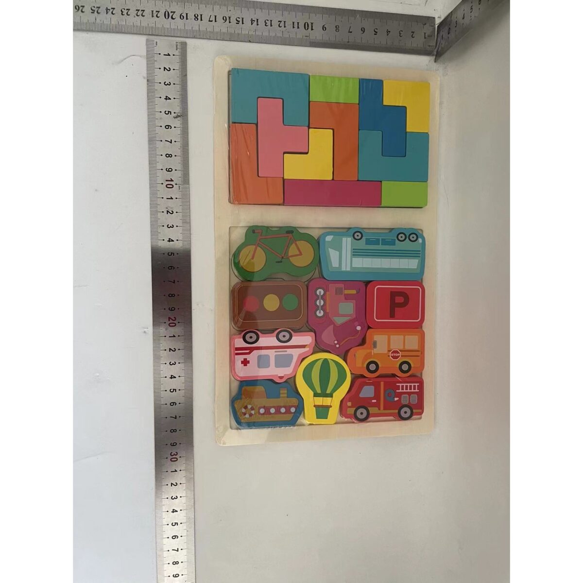 Puzzle Montessori din Lemn pentru Copii, Embo, Tip Tetris 2in1, +3 Ani, cu Masini Colorate 3D, Educativ, Intuitiv, Creativ, 21 de Piese, 28.5x17x1.2 cm, Multicolor - imagine 2