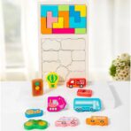 Puzzle Montessori din Lemn pentru Copii, Embo, Tip Tetris 2in1, +3 Ani, cu Masini Colorate 3D, Educativ, Intuitiv, Creativ, 21 de Piese, 28.5x17x1.2 cm, Multicolor - imagine 3
