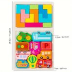 Puzzle Montessori din Lemn pentru Copii, Embo, Tip Tetris 2in1, +3 Ani, cu Masini Colorate 3D, Educativ, Intuitiv, Creativ, 21 de Piese, 28.5x17x1.2 cm, Multicolor - imagine 4