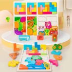 Puzzle Montessori din Lemn pentru Copii, Embo, Tip Tetris 2in1, +3 Ani, cu Masini Colorate 3D, Educativ, Intuitiv, Creativ, 21 de Piese, 28.5x17x1.2 cm, Multicolor - imagine 7