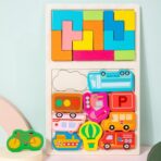 Puzzle Montessori din Lemn pentru Copii, Embo, Tip Tetris 2in1, +3 Ani, cu Masini Colorate 3D, Educativ, Intuitiv, Creativ, 21 de Piese, 28.5x17x1.2 cm, Multicolor - imagine 8
