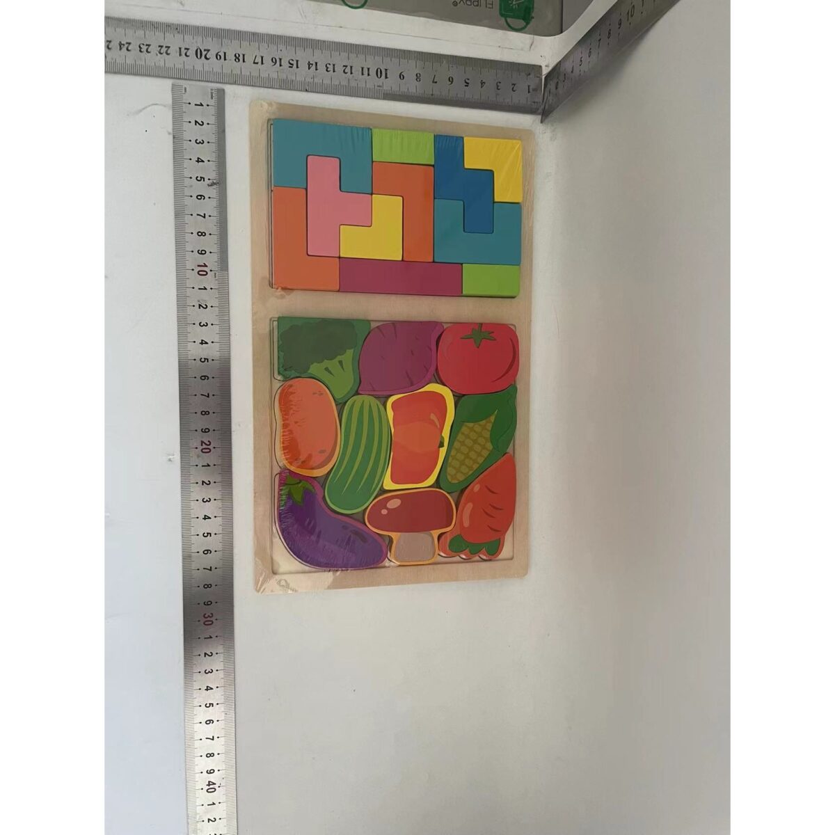 Puzzle Montessori din Lemn pentru Copii, Embo, Tip Tetris 2in1 +3 Ani, cu Legume Colorate 3D, Educativ, Intuitiv, Creativ, 21 de Piese, 28.5x17x1.2 cm, Multicolor - imagine 2