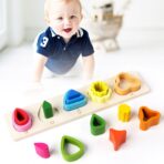 Jucarie Montessori din Lemn, Embo, Tip Puzzle, cu 5 Forme Asimetrice, 15 Piese, Educativa, Interactiva, Creativa, Model Copaci, Materiale Non Toxice, +2 Ani, 29x6.5 cm, Multicolor - imagine 2