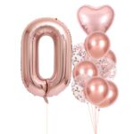 Set 10 Baloane Folie si Latex, Embo, Tematica Aniversare, Baloane Latex 25cm, Figurina Inimioara 45 cm, Cifra 0 de 81 cm, Ambalaj Individual, Pai Inclus, Umflare cu Aer sau Heliu, Roz Pal