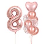 Set 10 Baloane Folie si Latex, Embo, Tematica Aniversare, Baloane Latex 25cm, Figurina Inimioara 45 cm, Cifra 8 de 81 cm, Ambalaj Individual, Pai Inclus, Umflare cu Aer sau Heliu, Roz Pal