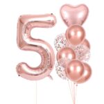 Set 10 Baloane Folie si Latex, Embo, Tematica Aniversare, Baloane Latex 25cm, Figurina Inimioara 45 cm, Cifra 5 de 81 cm, Ambalaj Individual, Pai Inclus, Umflare cu Aer sau Heliu, Roz Pal