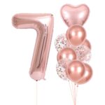 Set 10 Baloane Folie si Latex, Embo, Tematica Aniversare, Baloane Latex 25cm, Figurina Inimioara 45 cm, Cifra 7 de 81 cm, Ambalaj Individual, Pai Inclus, Umflare cu Aer sau Heliu, Roz Pal
