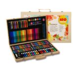 Set 180 Piese pentru Desen si Pictura, Embo, Tip Servieta din Lemn, Model Natur, 46 x 30.9 x 4.1 cm, Multicolor