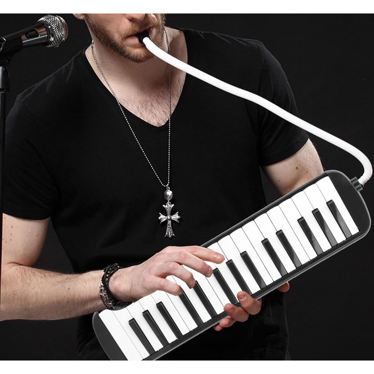 Muzicuta Melodica 32 Clape, Embo, din ABS, pentru Incepatori, 45 x 13 x 7 cm, Include Husa si Suflator, Negru - imagine 2