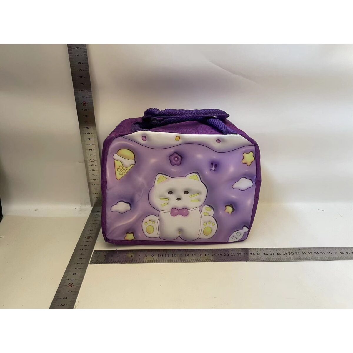 Geantă Frigorifică, Embo, cu Desene Animate 3D, Portabilă pentru Copii, de Prânz, din Pânză Oxford, 23x13x19 cm, Model Pisicuta, Mov - imagine 2