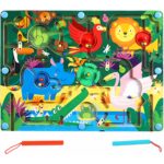 Joc Montessori de Sortare Culori, Embo, Creion Magnetic, Tip Labirint Ilustrat, din Lemn, Model Animale Salbatice, 39x29x1.5 cm