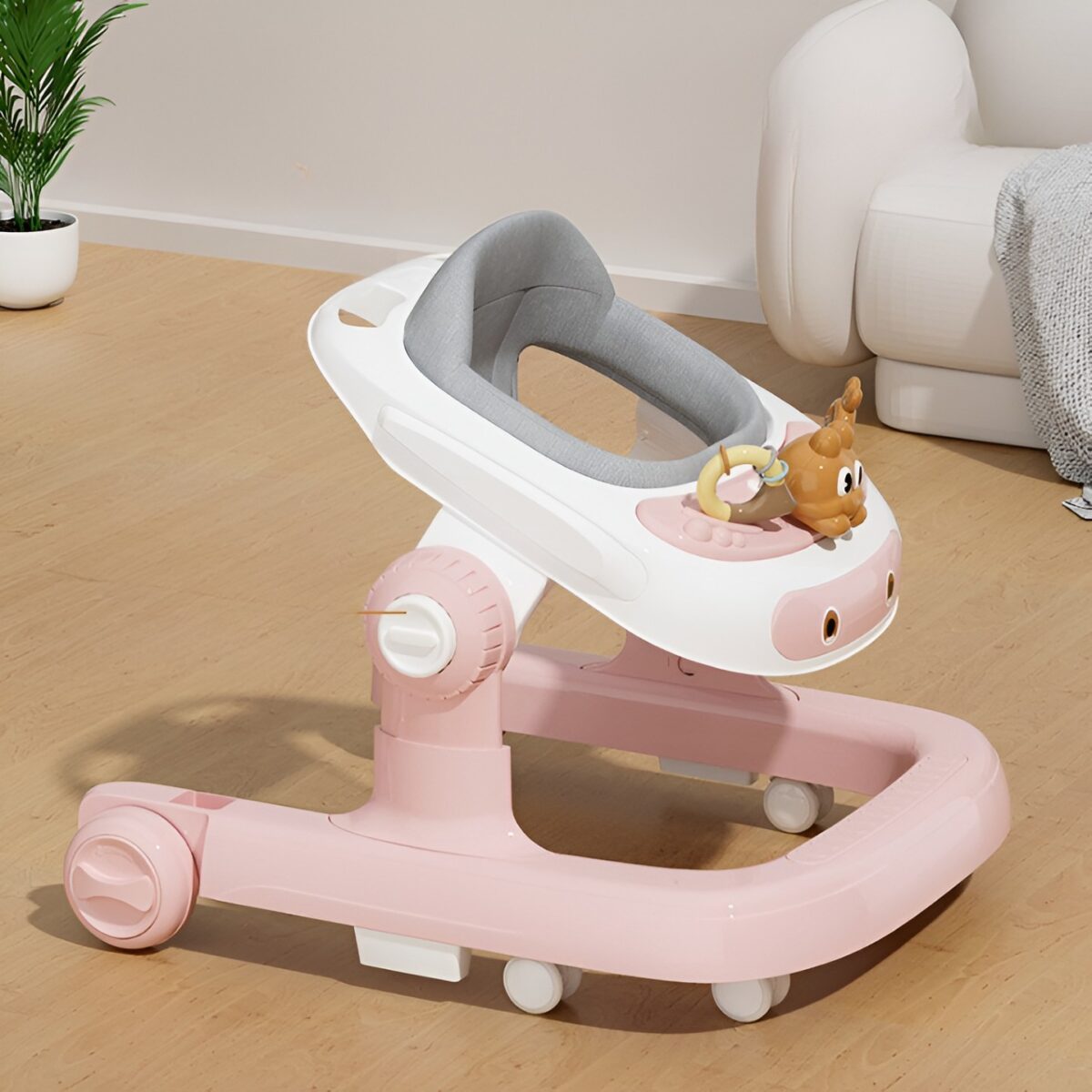 Premergator Multifunctional cu Roti Embo, Model Iepuras, Inaltime Ajustabila, Tavita, Muzica, Lumini, 66x59x41 cm, Roz - imagine 12