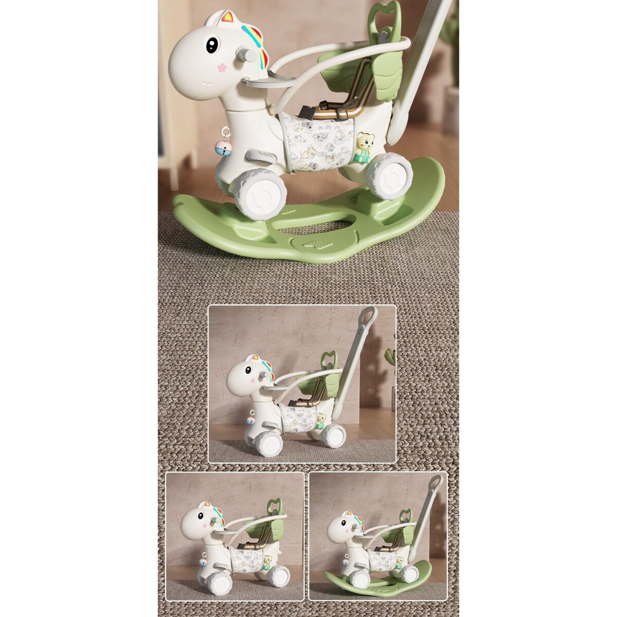 Balansoar pentru Copii, Embo, 3in1, cu Spatar si Bara de Siguranta, Maner cu Cos de Basket, Tava de Masa, 80 x 43 x 83 cm, din Plastic, + 3 Ani, Verde - imagine 4