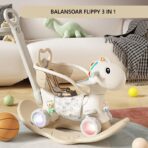 Balansoar pentru Copii, Embo, 3in1, cu Spatar si Bara de Siguranta, Maner cu Cos de Basket, Tava de Masa, Roti Luminoase, 80 x 43 x 83 cm, din Plastic, + 3 Ani, Bej - imagine 2