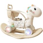 Balansoar pentru Copii, Embo, 3in1, cu Spatar si Bara de Siguranta, Maner cu Cos de Basket, Tava de Masa, Roti Luminoase, 80 x 43 x 83 cm, din Plastic, + 3 Ani, Bej - imagine 3